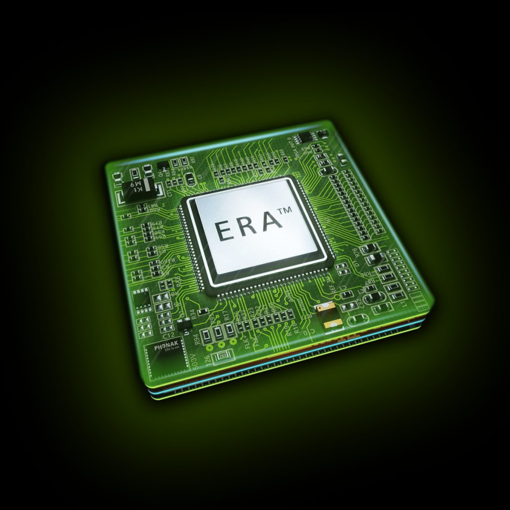 phonak era era晶片 助聽器晶片 Phonak助聽器 峰力助聽器 Phonak Infinio 黑底 綠光背景 正方形尺寸