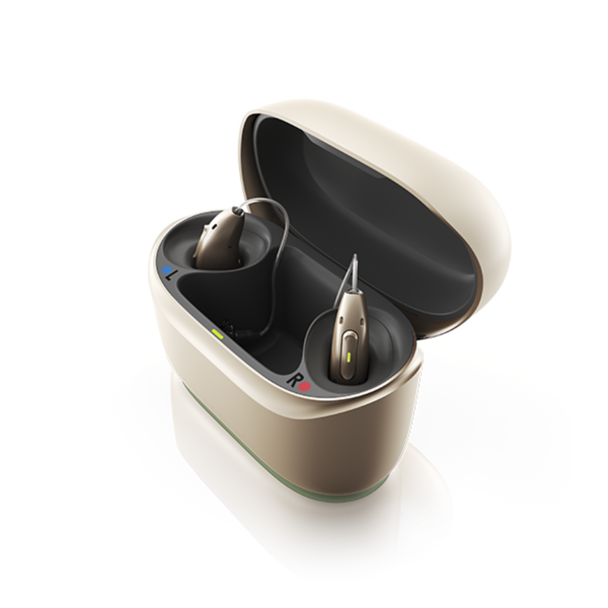 接點式充電技術，改良接點方向，使助聽器更貼合充電盒。